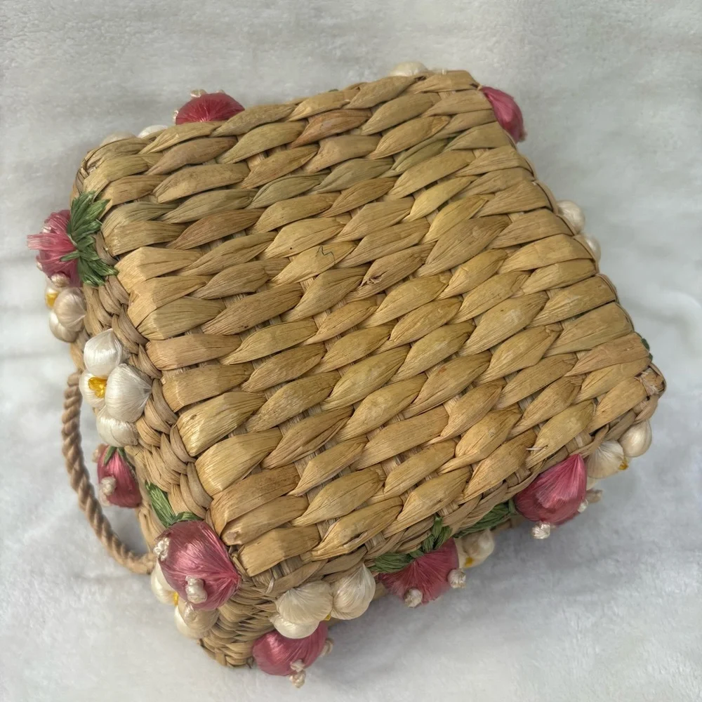 Vintage Handmade Straw Basket w/ Strawberry & Floral with Raffia Trim Handles